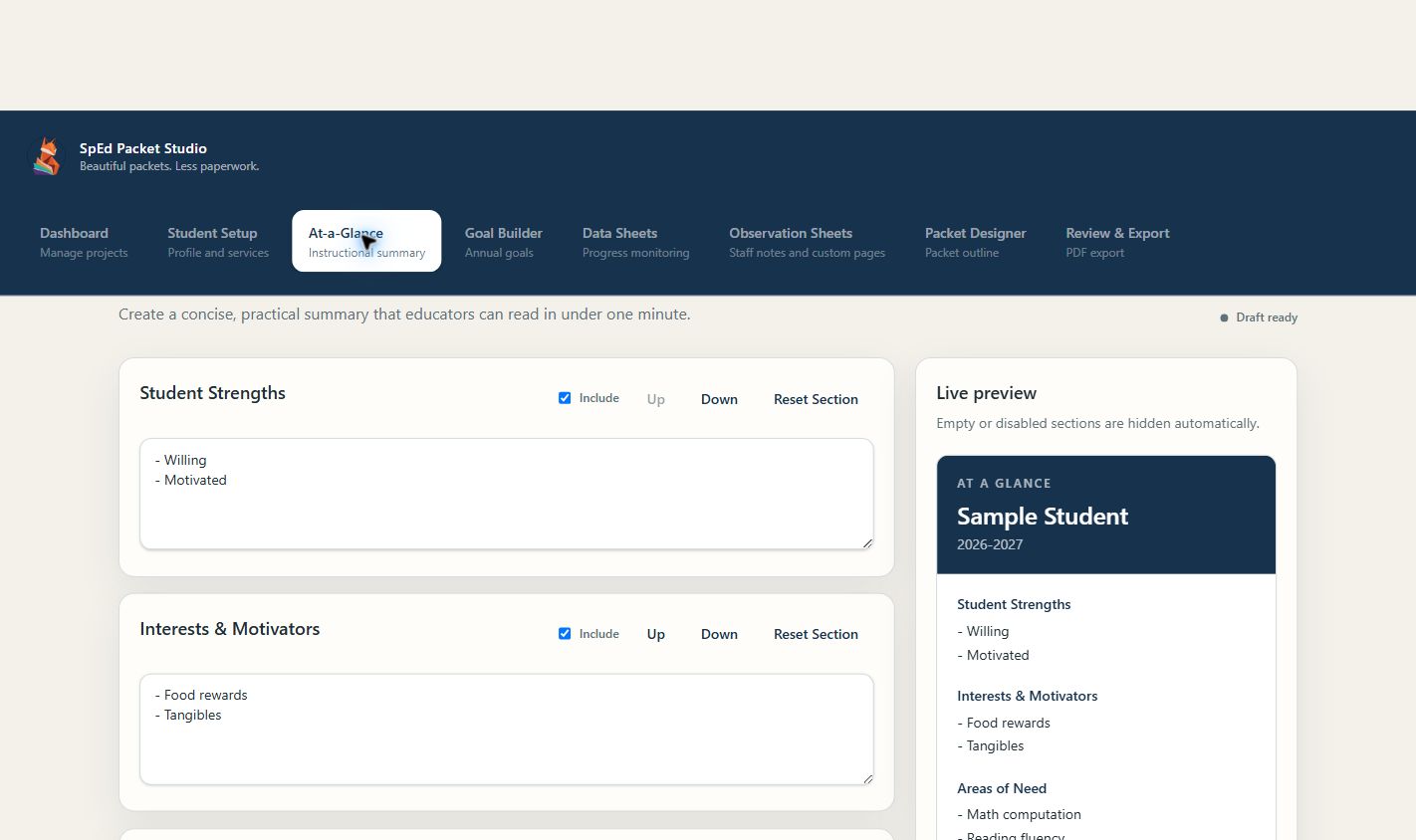 At-a-Glance instructional summary builder