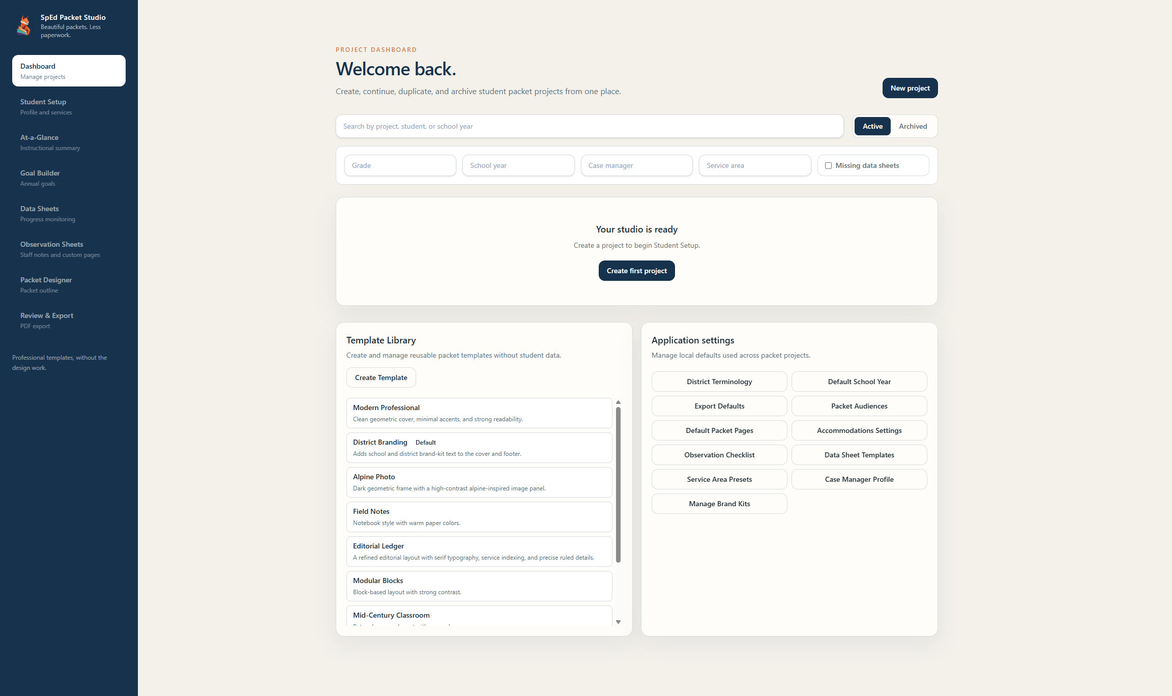 SpEd Packet Studio dashboard showing project tools, the template library, and application settings