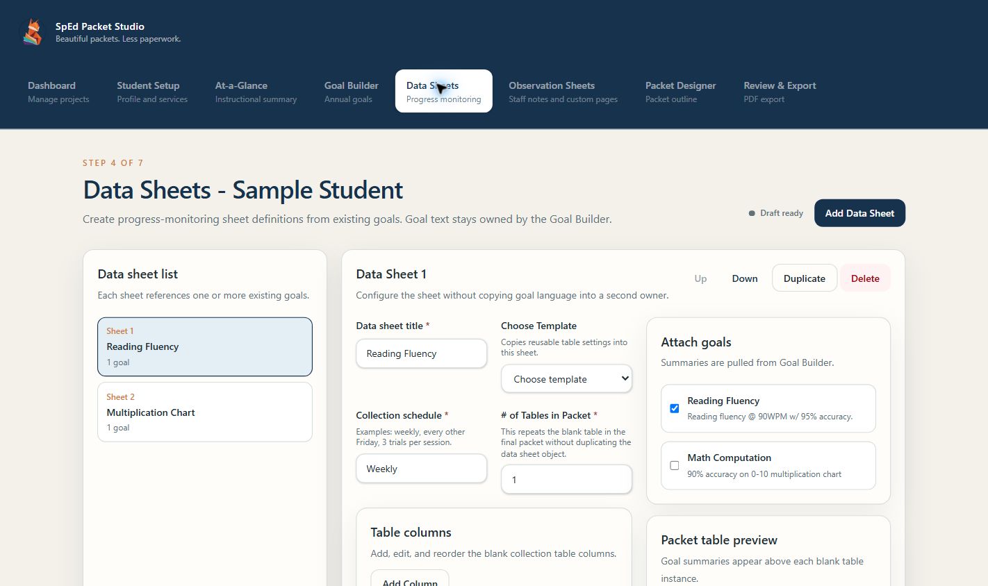 Data Sheet Builder with goal linking and collection settings
