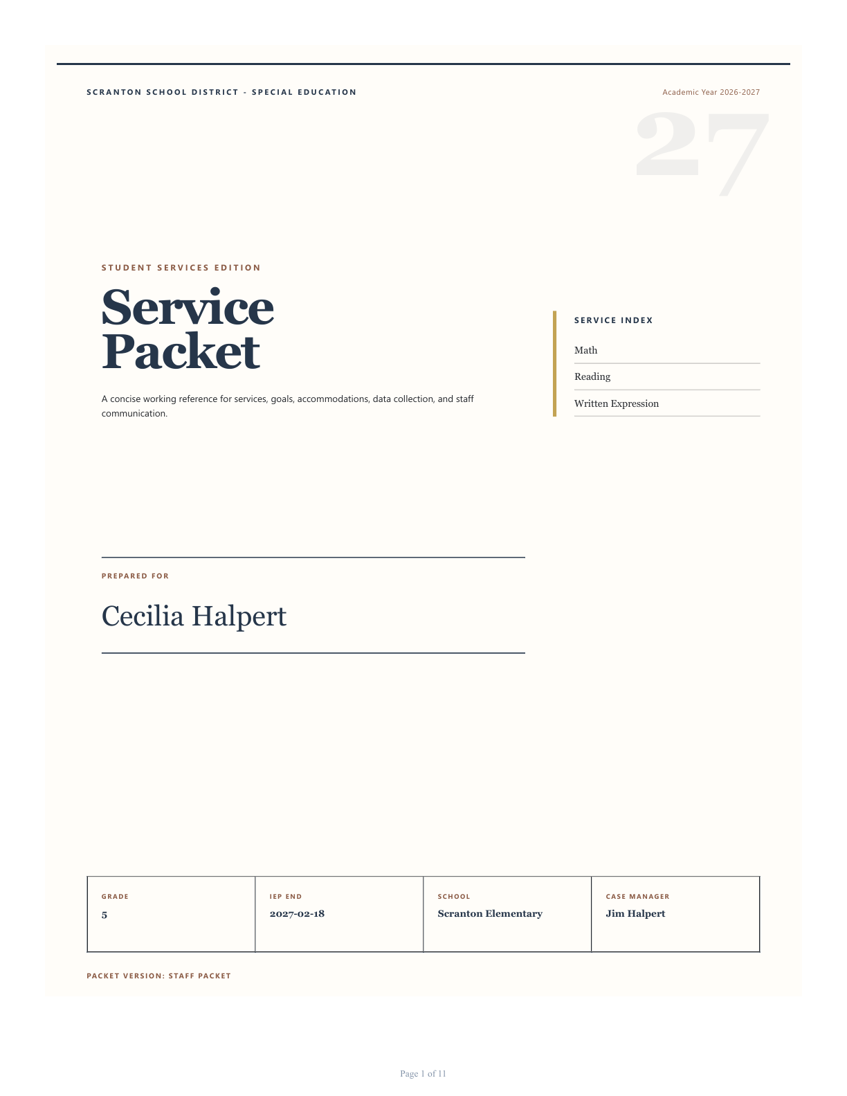 Editorial Ledger service packet cover
