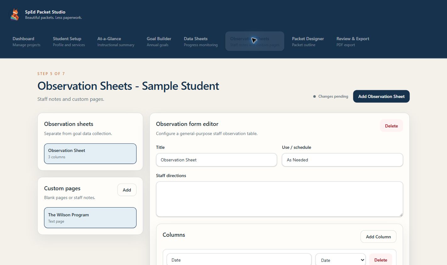 Observation Sheets builder