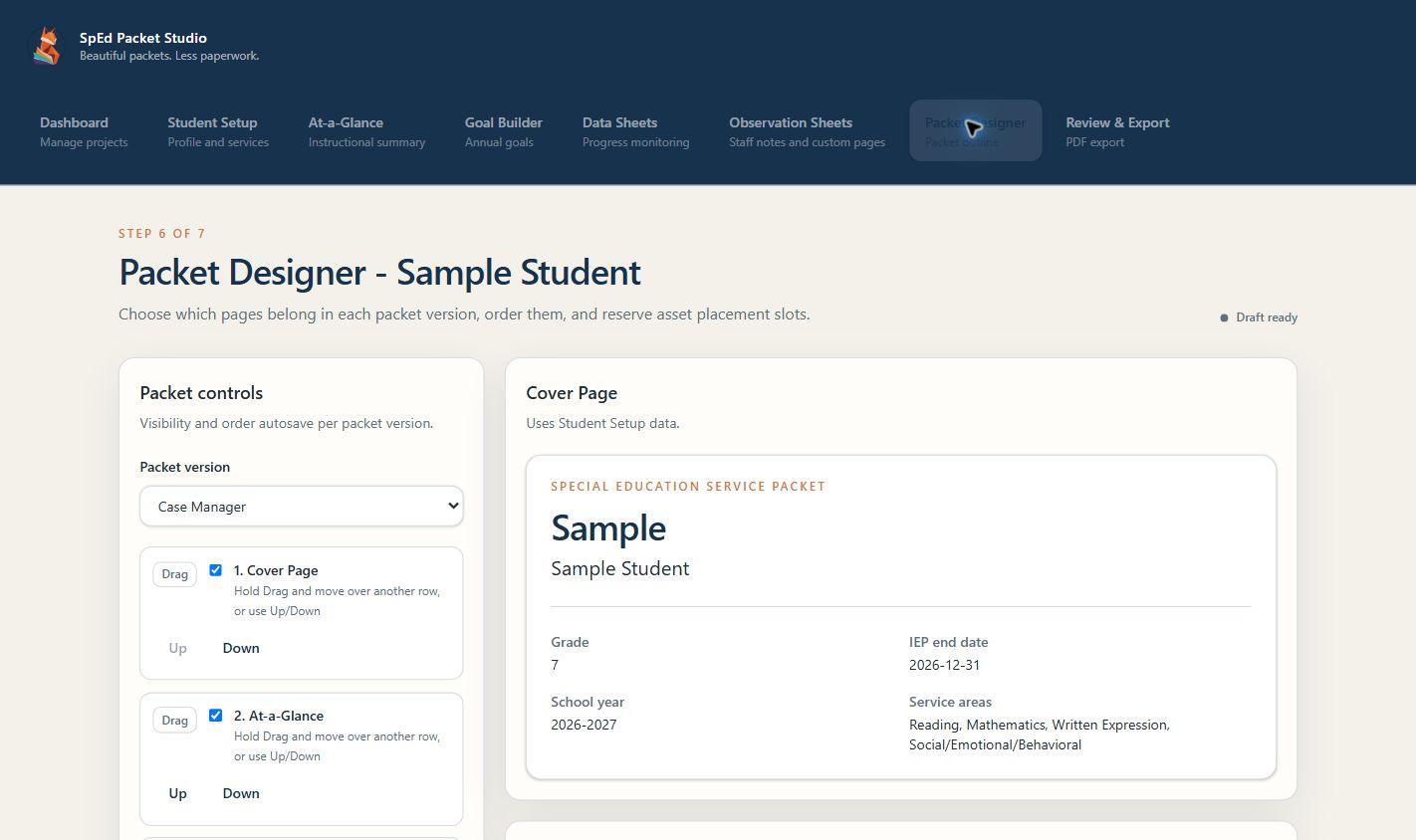 Packet Designer showing page controls for the selected packet version