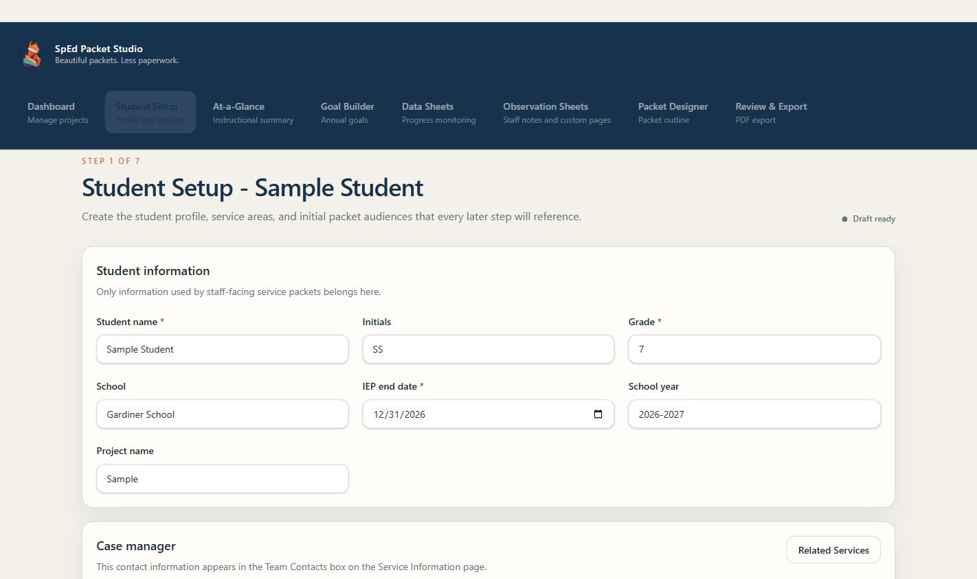 Student Setup screen with profile and service information